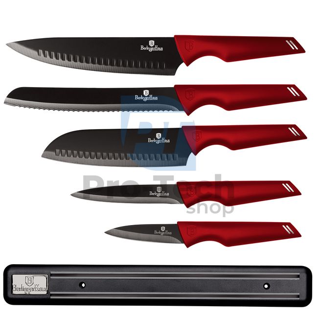 6-piece stainless steel knife set with magnetic holder BURGUNDY 19174