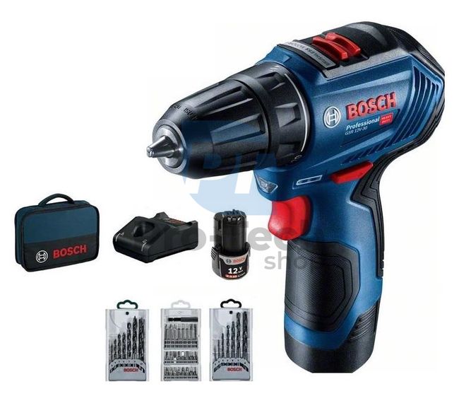 Bosch GSR 12V-30 cordless drill/driver with 39-piece drill and screwdriver bit set 15000