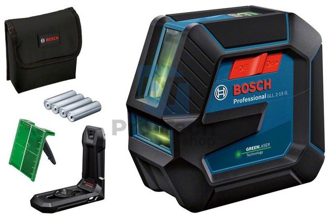 Bosch GLL 2-15 G line laser with 4 batteries (AA), target plate for laser 15218