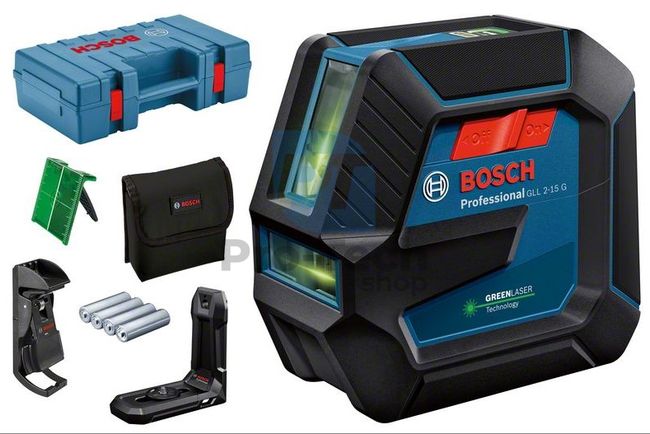 Bosch GLL 2-15 G line laser in case with 4 batteries (AA), target plate for laser 15220