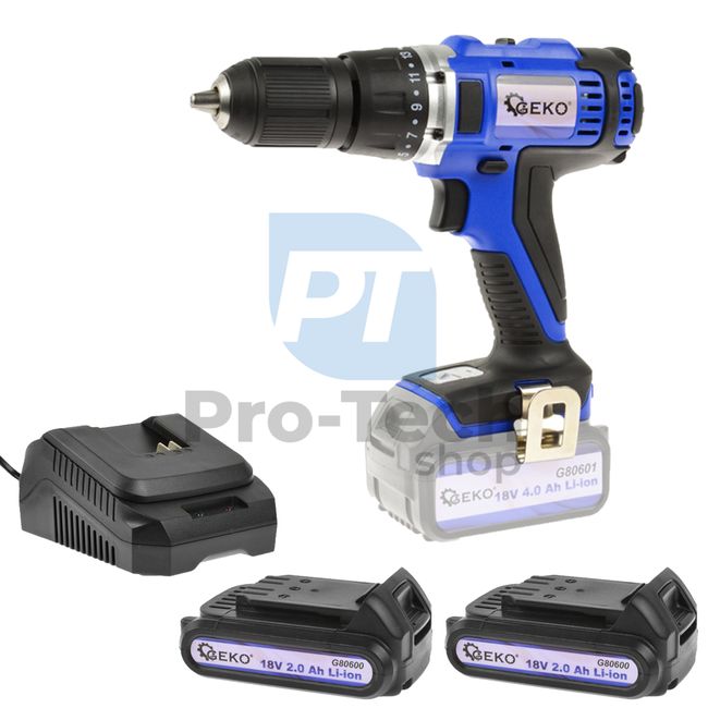 Cordless tool set cordless drill screwdriver, 2x 18V 2.0Ah battery and Geko One Power charger