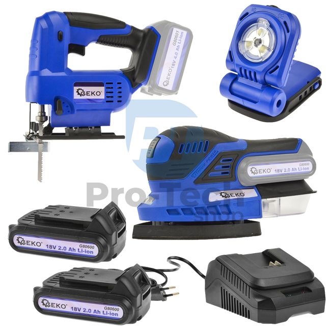 Cordless tool set multi grinder, jig saw, LED flashlight, 2x battery 18V 2.0Ah, Geko One Power charger